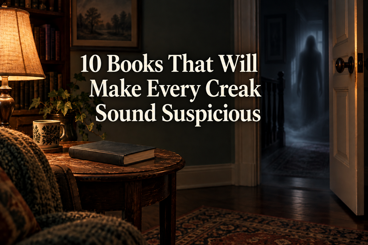 A warmly lit reading room with a ghostly figure in a dark hallway and the title 10 Books That Will Make Every Creak Sound Suspicious