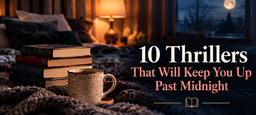 Books and a mug on a knitted blanket beside a moonlit window. Text: “10 Thrillers That Will Keep You Up Past Midnight.”