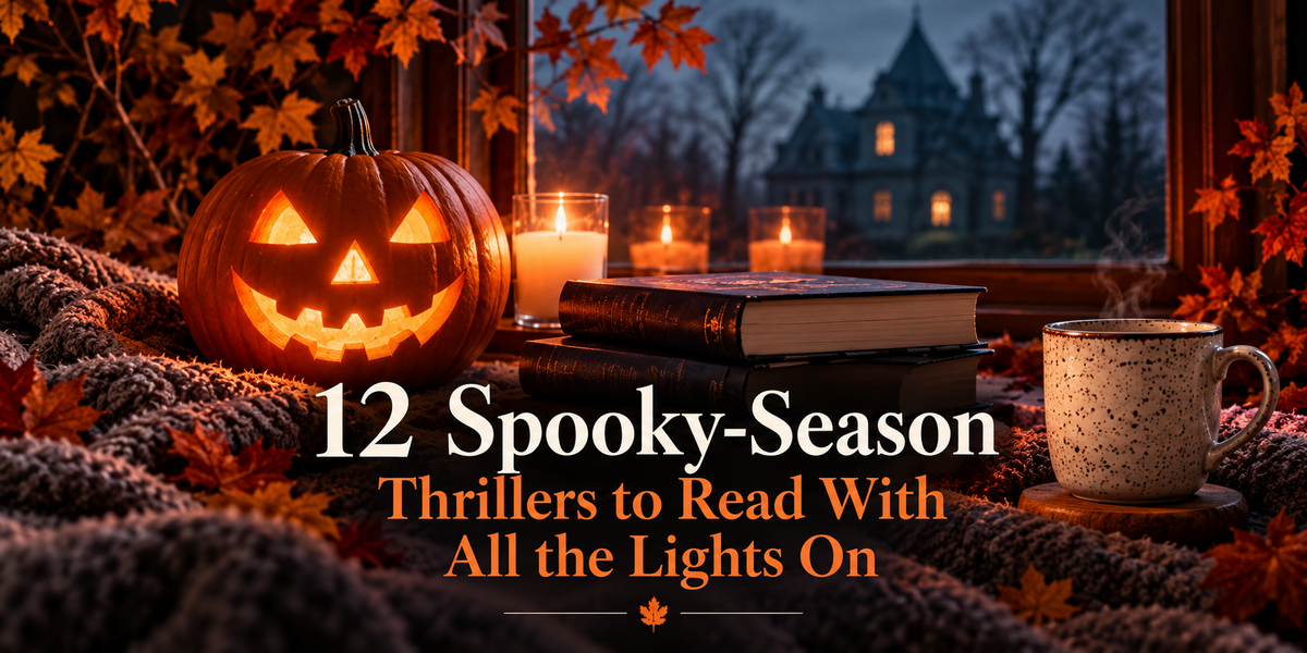 Glowing jack-o’-lantern, books, and candles beside a window overlooking a dark house. Text: “12 Spooky-Season Thrillers to Read With All the Lights On.”