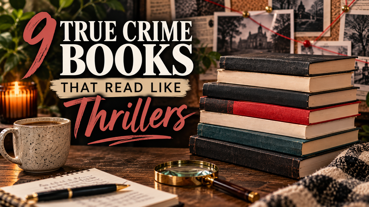 Stacked books beside a mug and a board of photographs connected with red string. Text: “9 True Crime Books That Read Like Thrillers.”