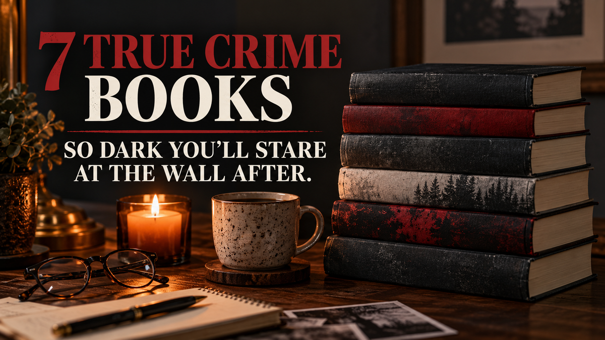 Stacked books, candle, mug, and scattered photographs. Text: “7 True Crime Books So Dark You’ll Stare at the Wall After.”