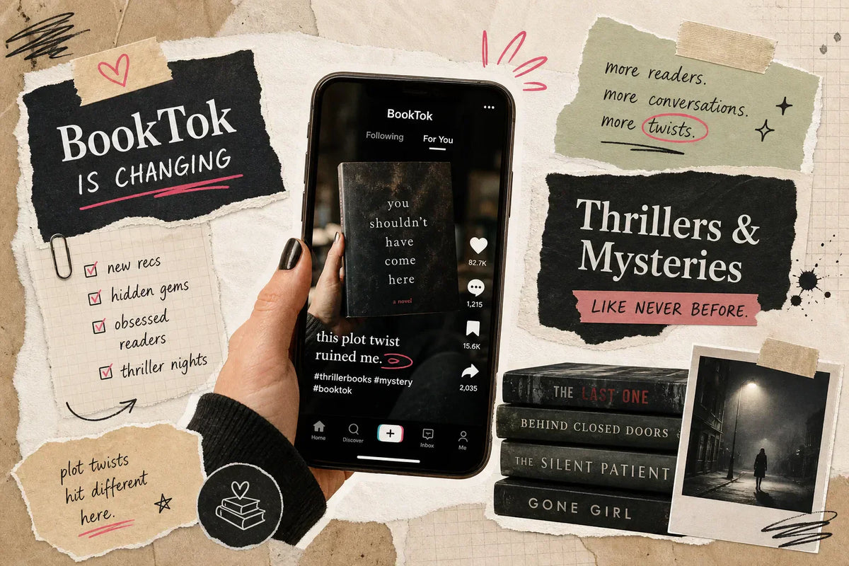 BookTok collage with a phone showing book recommendations, thriller novels, and the words “BookTok is changing thrillers and mysteries like never before.”