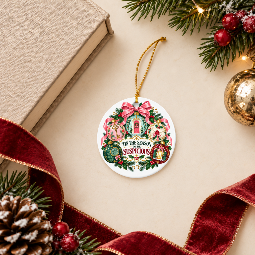 “’Tis the Season to Be Suspicious” ornament in a holiday flat lay with a linen book, red velvet ribbon, evergreen branches, berries, pinecones and a gold bauble.