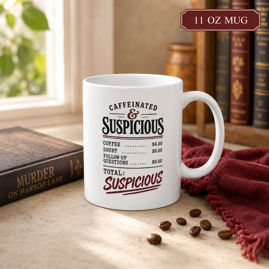 11 oz white “Caffeinated & Suspicious” receipt-style mug on a tabletop beside a mystery novel, burgundy cloth, and coffee beans.