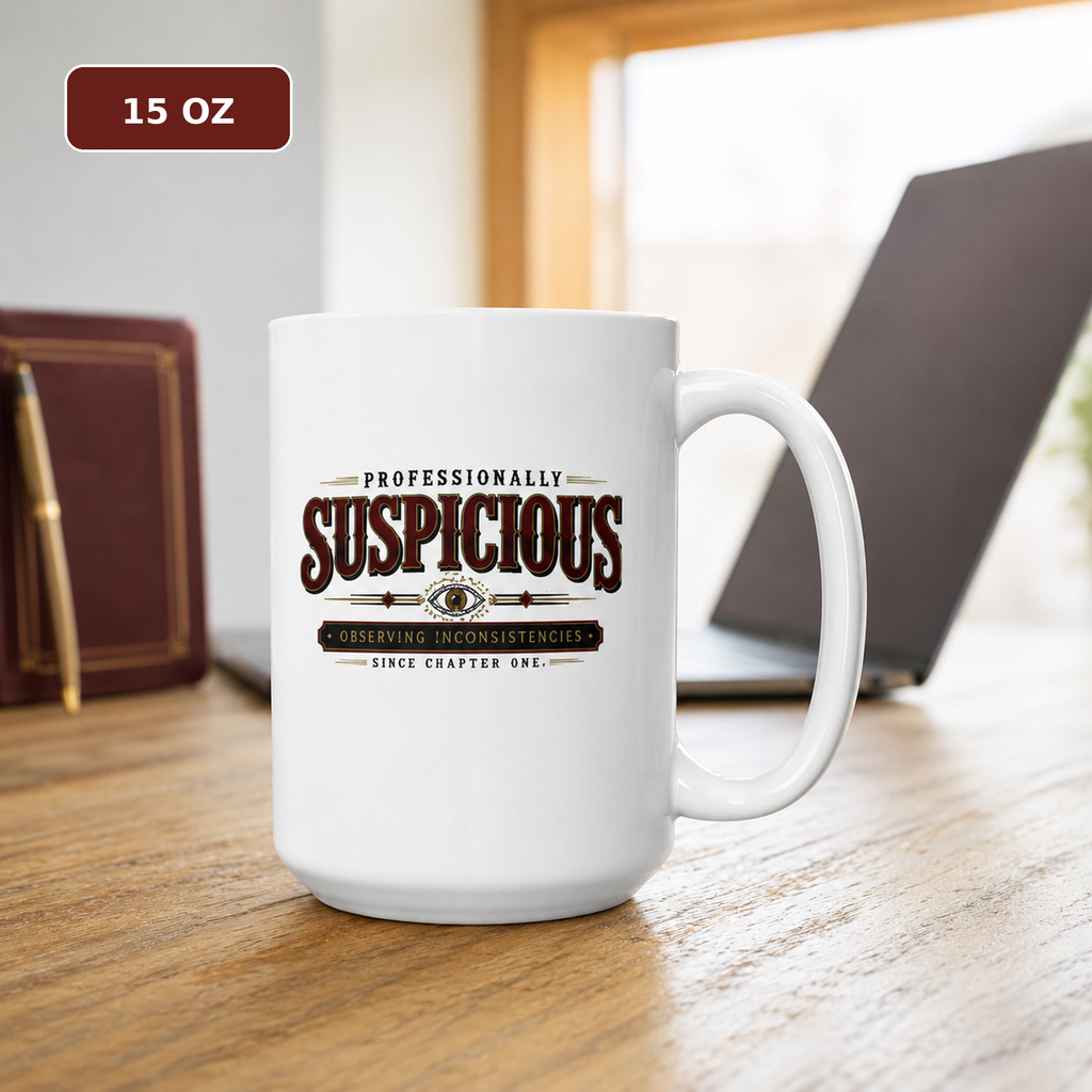 15 oz white “Professionally Suspicious—Observing Inconsistencies Since Chapter One” mug on a wooden desk beside a laptop.