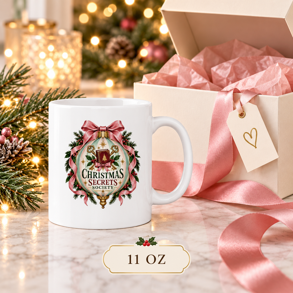 11-ounce Christmas Secrets Society mug beside an open white gift box with pink tissue paper and ribbon, surrounded by evergreen branches and warm lights.