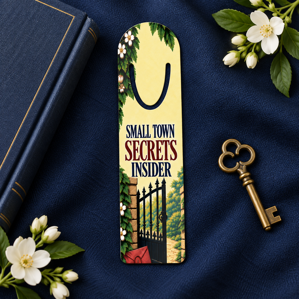 “Small Town Secrets Insider” garden-gate bookmark on navy fabric beside a dark book, white blossoms, and a brass key.