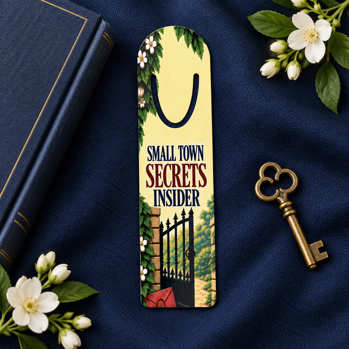“Small Town Secrets Insider” garden-gate bookmark on navy fabric beside a dark book, white blossoms, and a brass key.