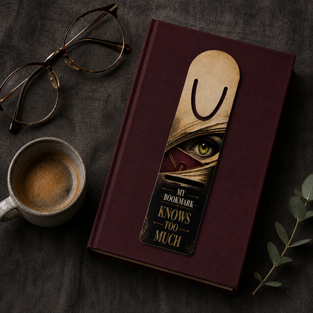Aluminum page-holder bookmark showing a green eye peering between old book pages above the words “My Bookmark Knows Too Much,” on a burgundy book beside coffee and glasses.