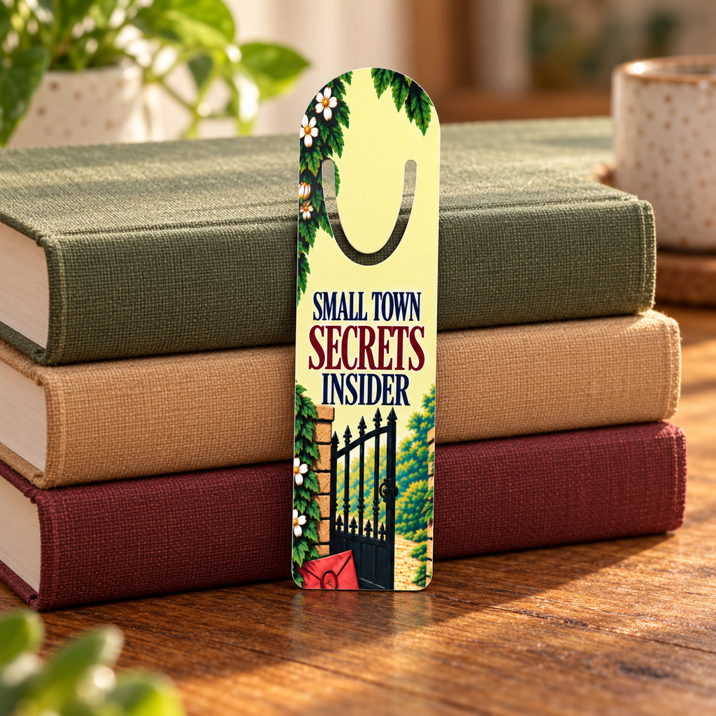 Sunny garden-gate bookmark reading “Small Town Secrets Insider” propped against a stack of green, tan, and burgundy books.