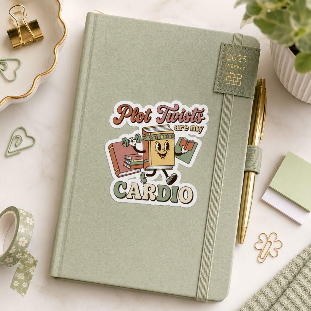 “Plot Twists Are My Cardio” sticker with a smiling cartoon book jogging with a dumbbell and another book, surrounded by coral and sage lettering, shown on a sage weekly planner.