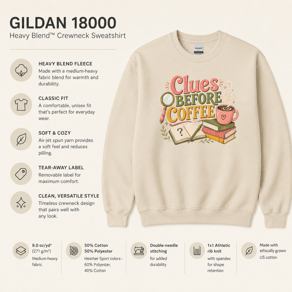 Clues Before Coffee Sweatshirt, Mystery Reader Sweatshirt, Cozy Mystery Gift, Book Lover Crewneck, Detective Reader Apparel