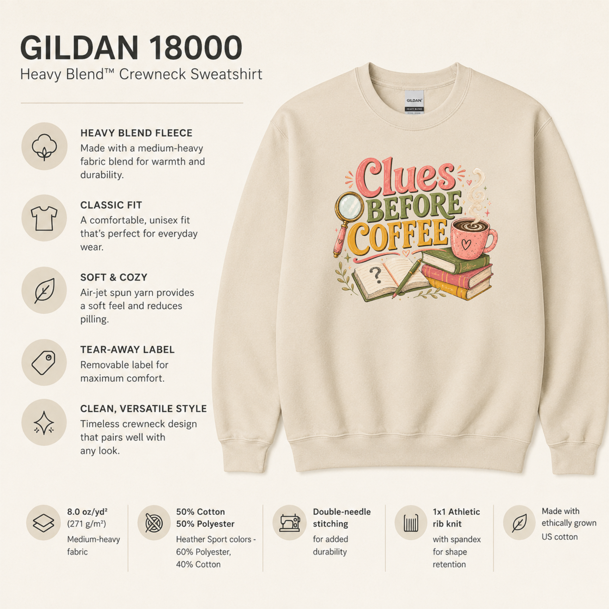 Clues Before Coffee Sweatshirt, Mystery Reader Sweatshirt, Cozy Mystery Gift, Book Lover Crewneck, Detective Reader Apparel