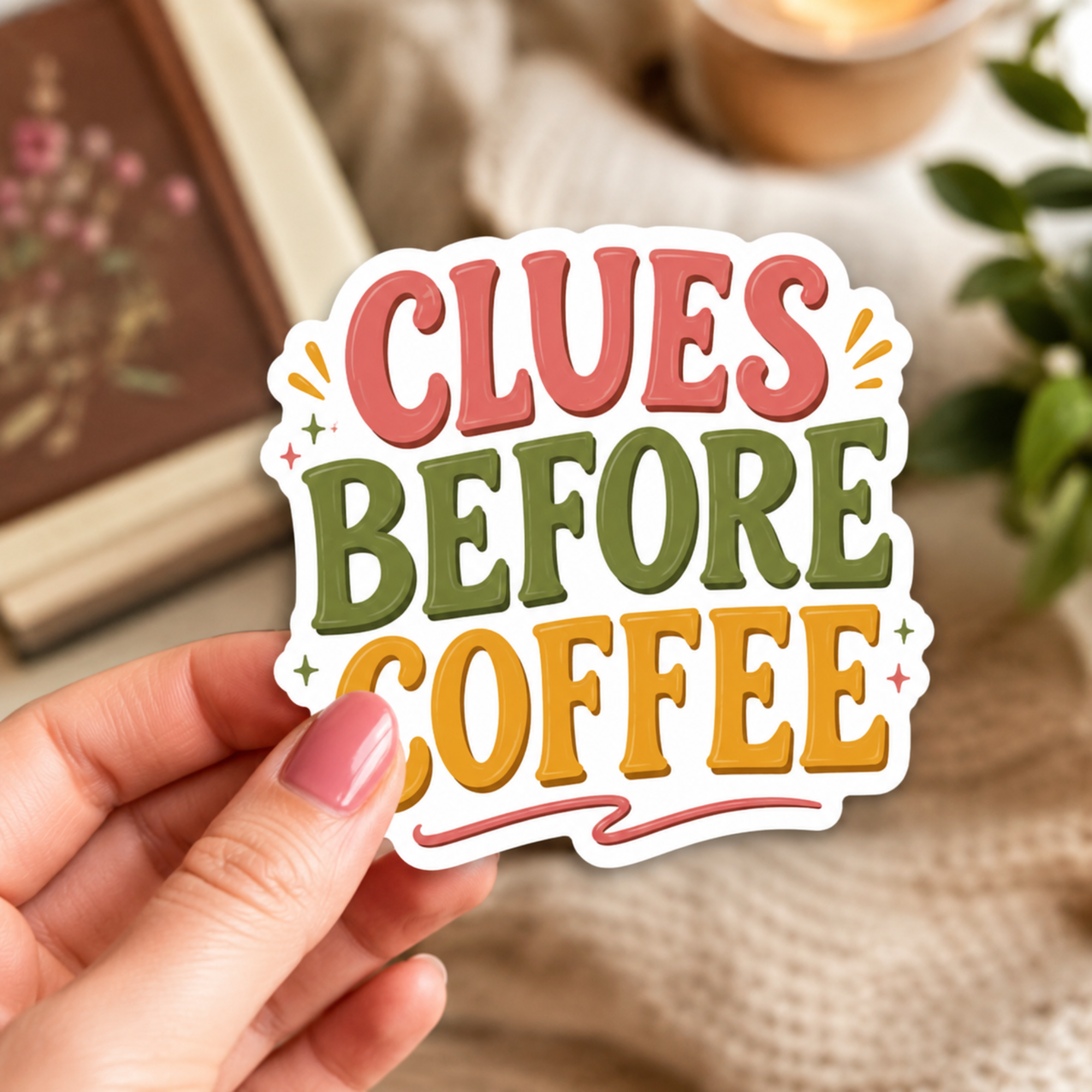 Clues Before Coffee Sticker, Mystery Reader Sticker, Cozy Mystery Gift, Book Lover Laptop Sticker, Detective Bookish Vinyl Decal