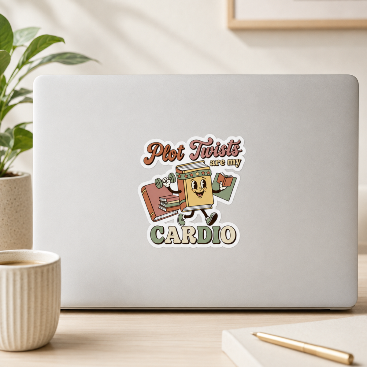 “Plot Twists Are My Cardio” sticker with a smiling cartoon book jogging with a dumbbell and another book, surrounded by coral and sage lettering, shown on a silver laptop.