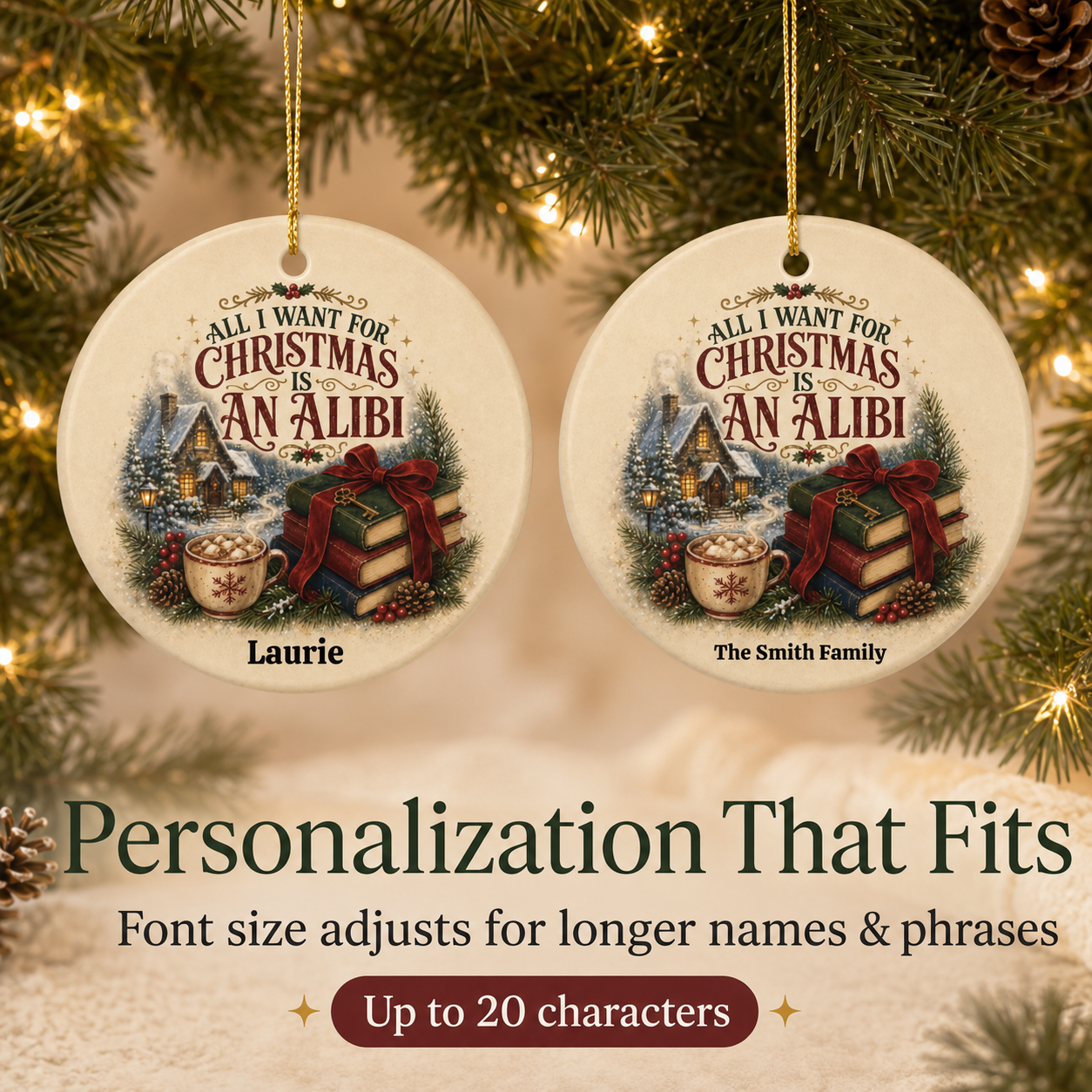 Mystery Reader Christmas Ornament, All I Want for Christmas Is an Alibi, Book Lover Holiday Decor, Personalized Family Tree Gift Idea