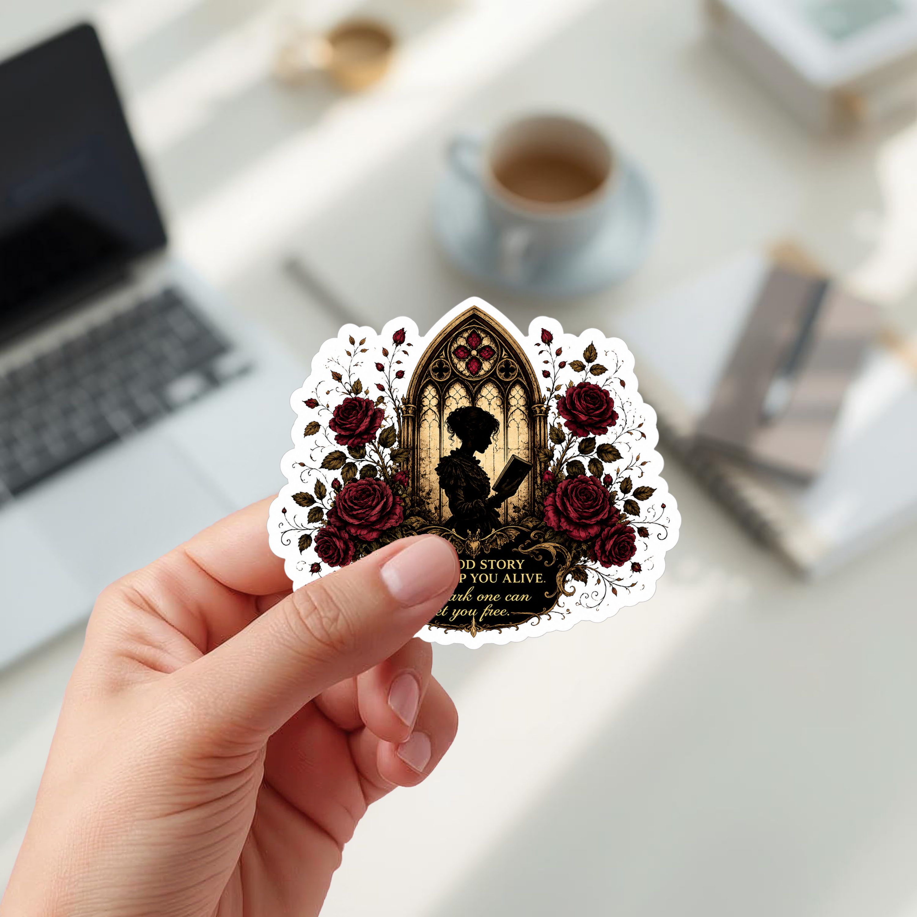 Gothic Book Lover Sticker, Laptop Water Bottle Decor, Dark Academia Reading Gift, Book Lover Gift, Laptop Sticker