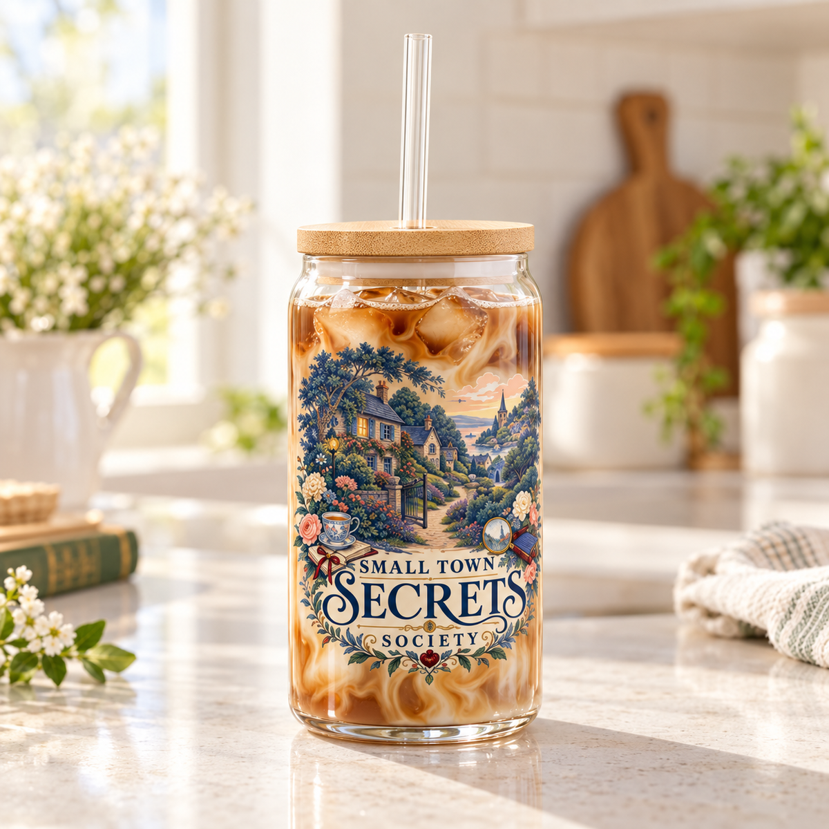 Glass sipper of iced coffee on a sunlit kitchen counter beside books and flowers; bamboo lid, clear straw and blue-green village artwork above “Small Town Secrets Society” lettering.