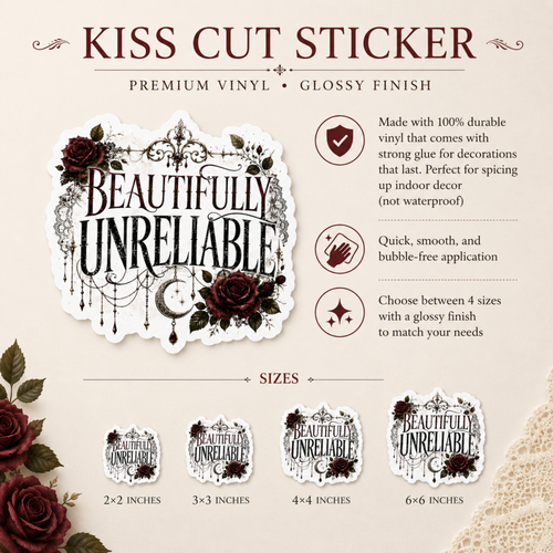 Beautifully Unreliable Gothic Sticker, Dark Romance Reader Gift, Bookish Vinyl Decal, Kindle Sticker, Laptop Sticker