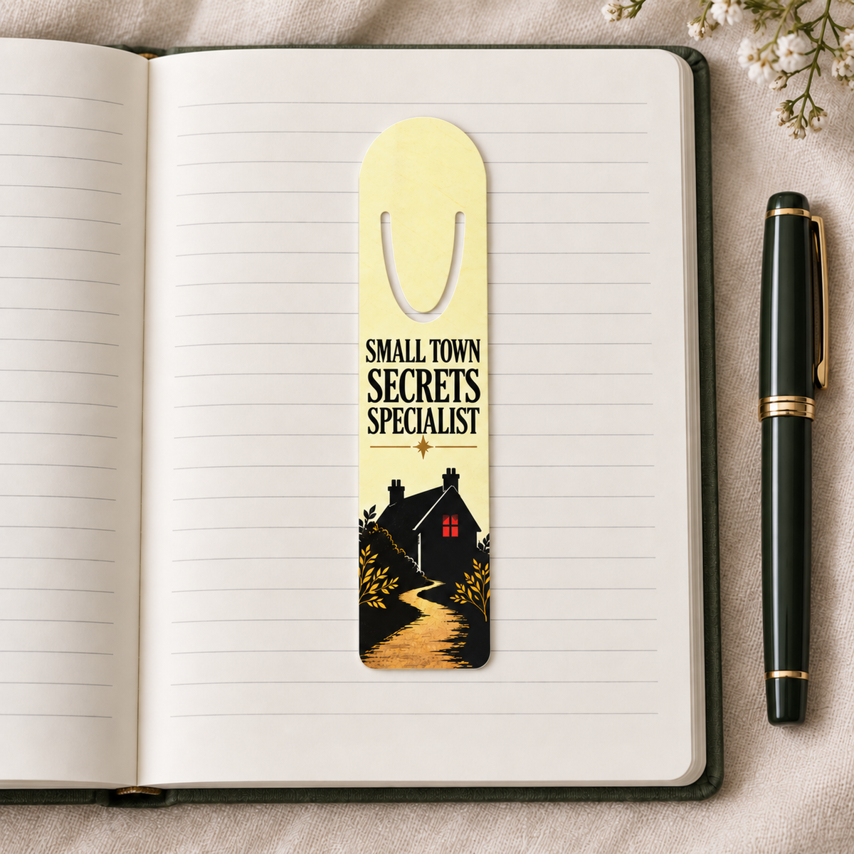 Gold “Small Town Secrets Specialist” bookmark placed on an open lined notebook, featuring a winding path to a dark house with a red window.