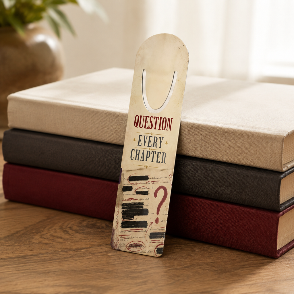 Cream “Question Every Chapter” bookmark with redacted-note artwork and a red question mark propped against stacked neutral and burgundy books.