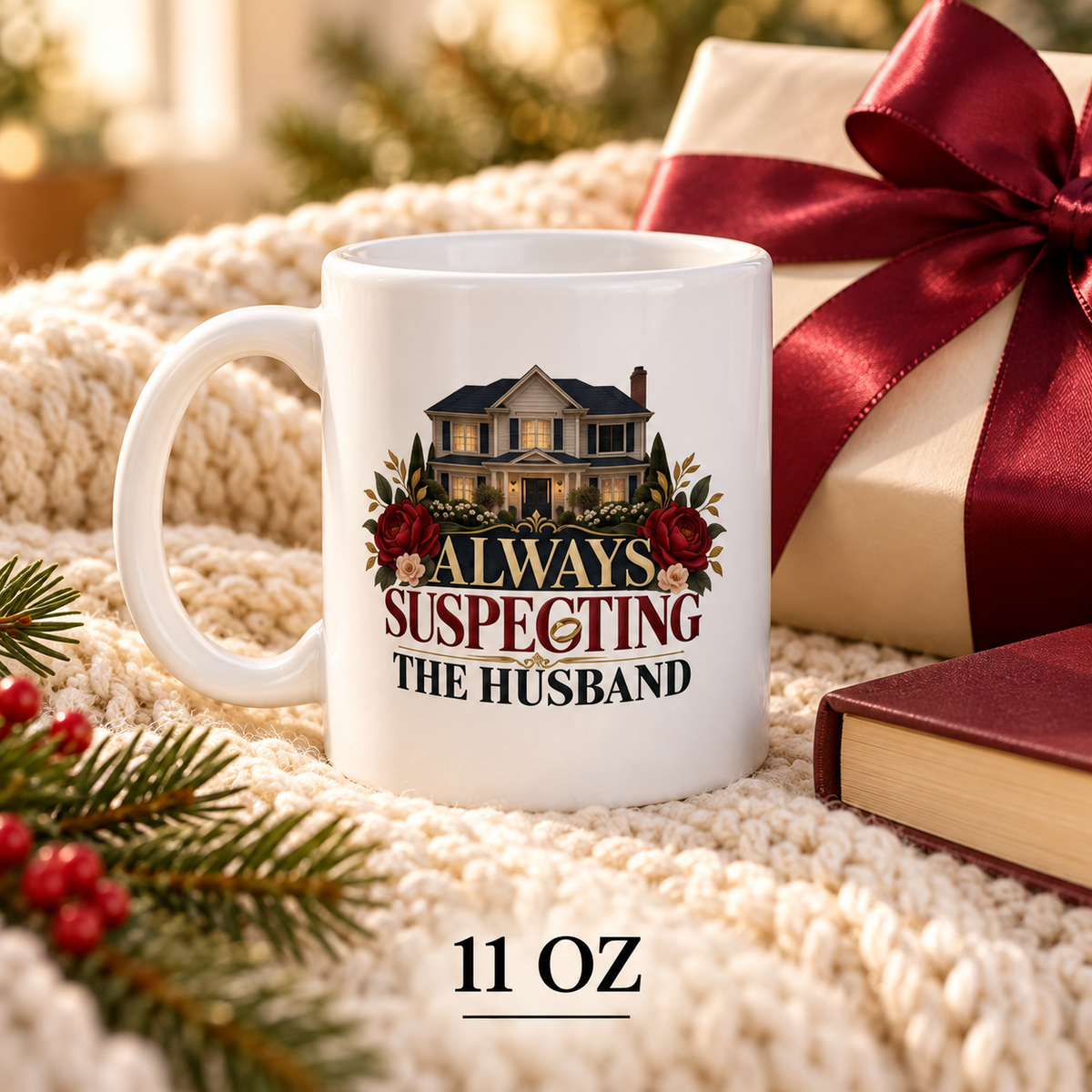 White 11 oz “Always Suspecting the Husband” mug with house and red rose artwork on a cream blanket beside a burgundy-ribbon gift, book and evergreen sprig.