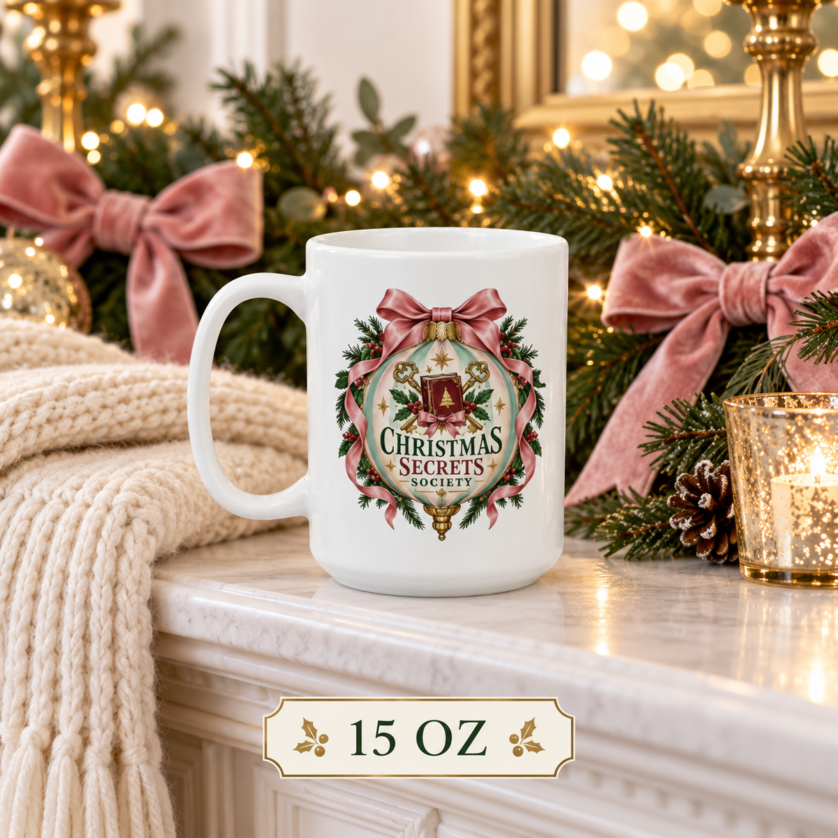 15-ounce Christmas Secrets Society mug displayed on a marble mantel with a cream knit blanket, pink velvet bows, evergreen branches, pinecones and candlelight.