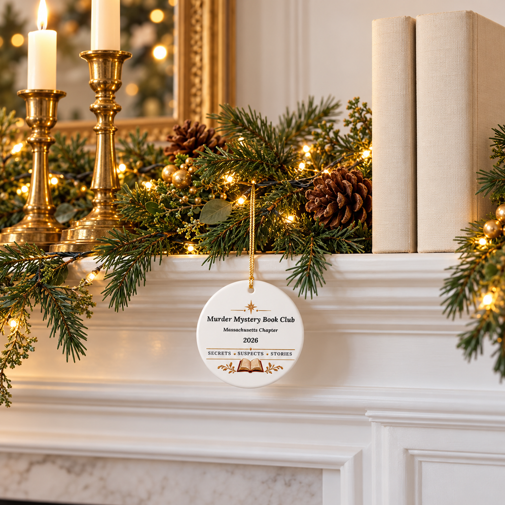 White “Murder Mystery Book Club” ornament hangs from lit mantel garland beside candles and cream books; sample Massachusetts Chapter, 2026 lettering and gold open-book accents.