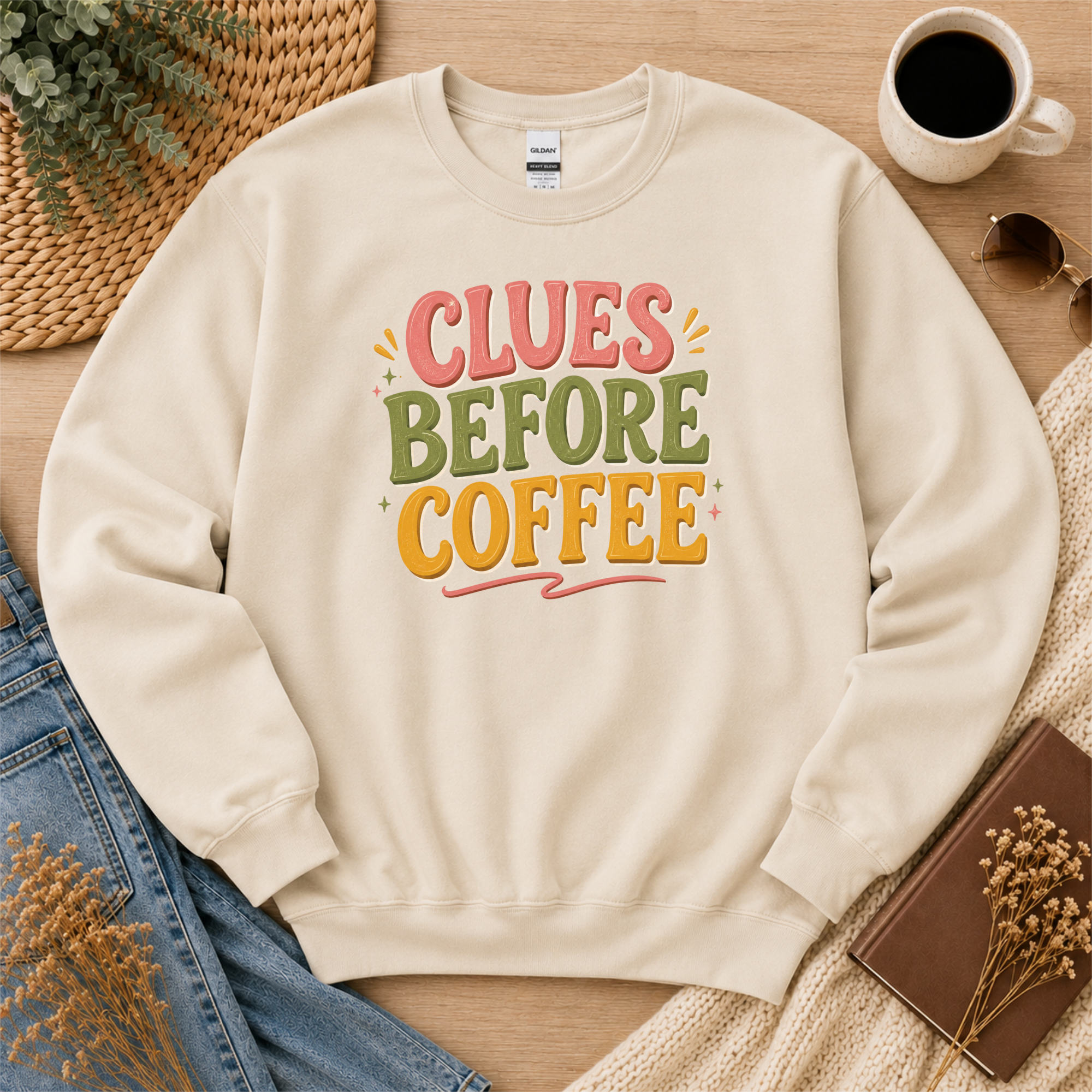 Clues Before Coffee Sweatshirt, Mystery Reader Sweatshirt, Cozy Mystery Gift, Detective Book Lover Crewneck, Bookish Apparel