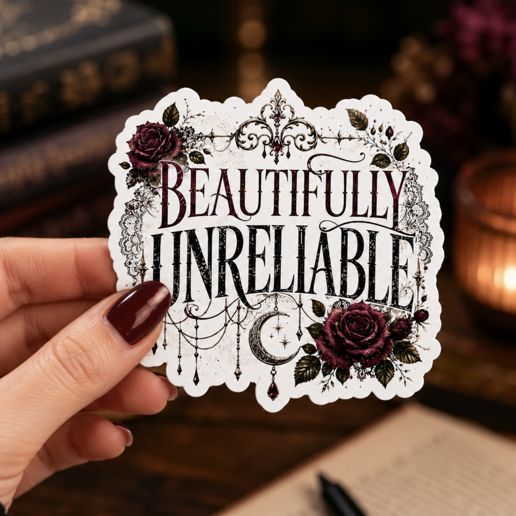 Beautifully Unreliable Gothic Sticker, Dark Romance Reader Gift, Bookish Vinyl Decal, Kindle Sticker, Laptop Sticker