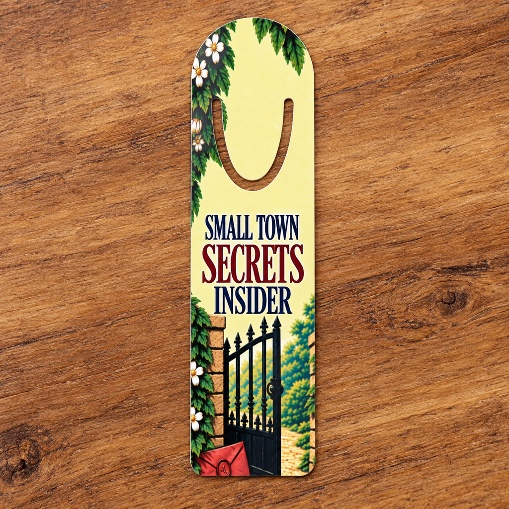 Aluminum page-holder bookmark with a sunny garden gate, red envelope, white flowers, and the words “Small Town Secrets Insider,” displayed on a wood background.