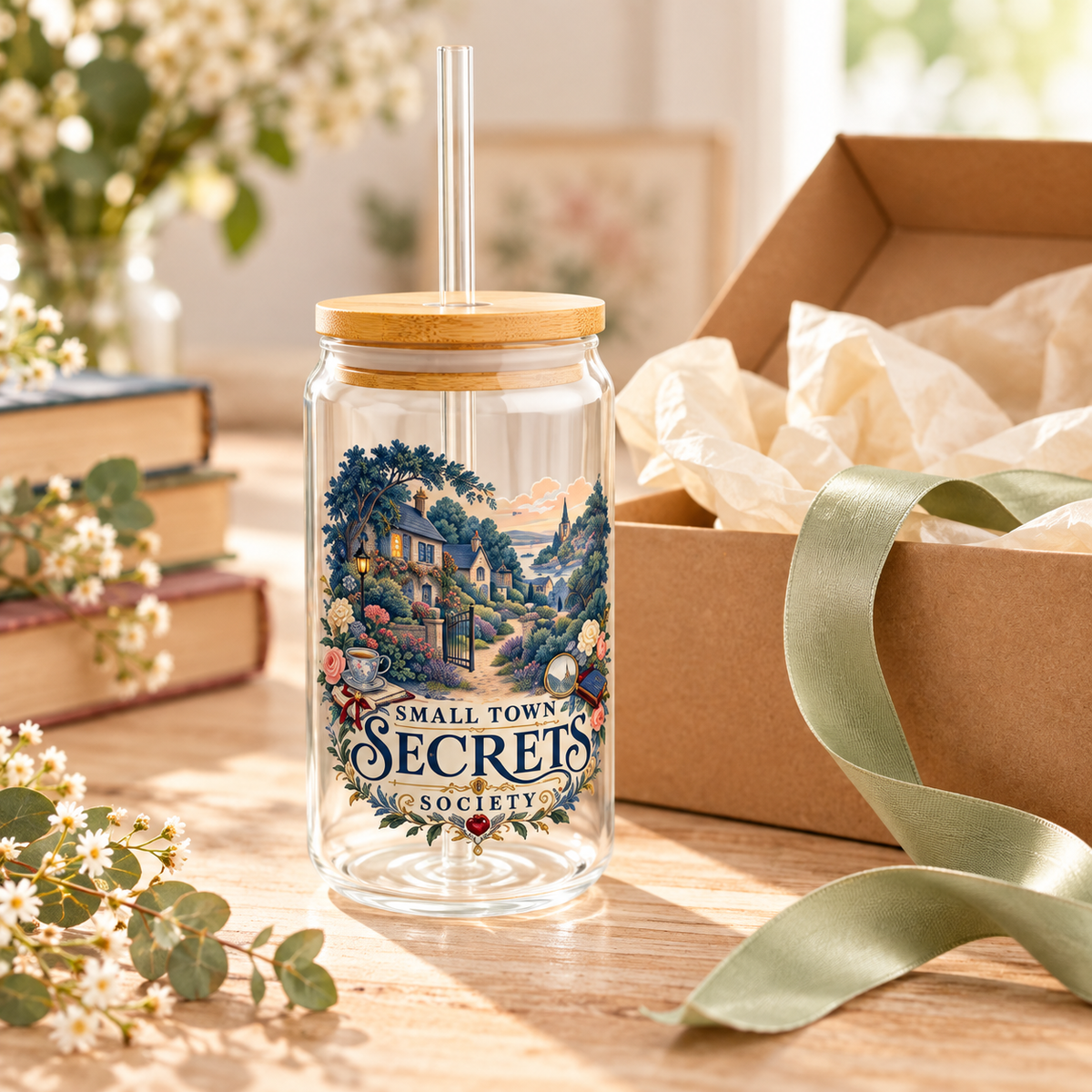Empty glass sipper with a bamboo lid and clear straw beside an open gift box and green ribbon; village and floral artwork surrounds “Small Town Secrets Society” lettering.