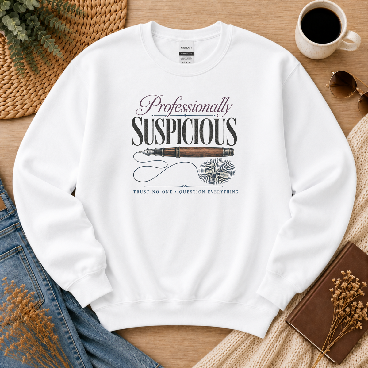 White crewneck sweatshirt laid flat with a fountain pen and fingerprint and the words “Professionally Suspicious. Trust No One. Question Everything.”