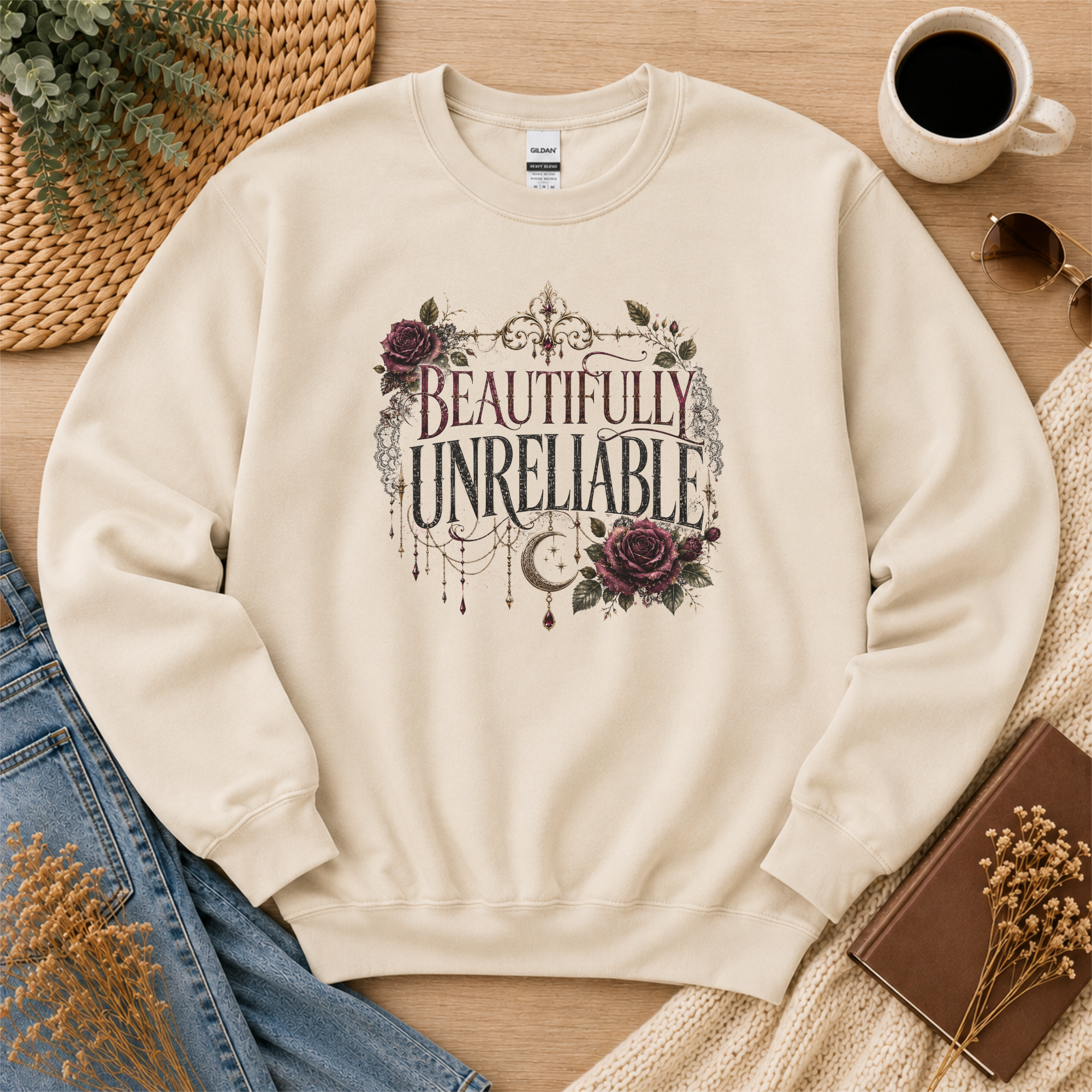 Beautifully Unreliable Sweatshirt, Dark Romance Sweatshirt, Gothic Book Lover Gift, Morally Gray Character Crewneck, Reader Apparel