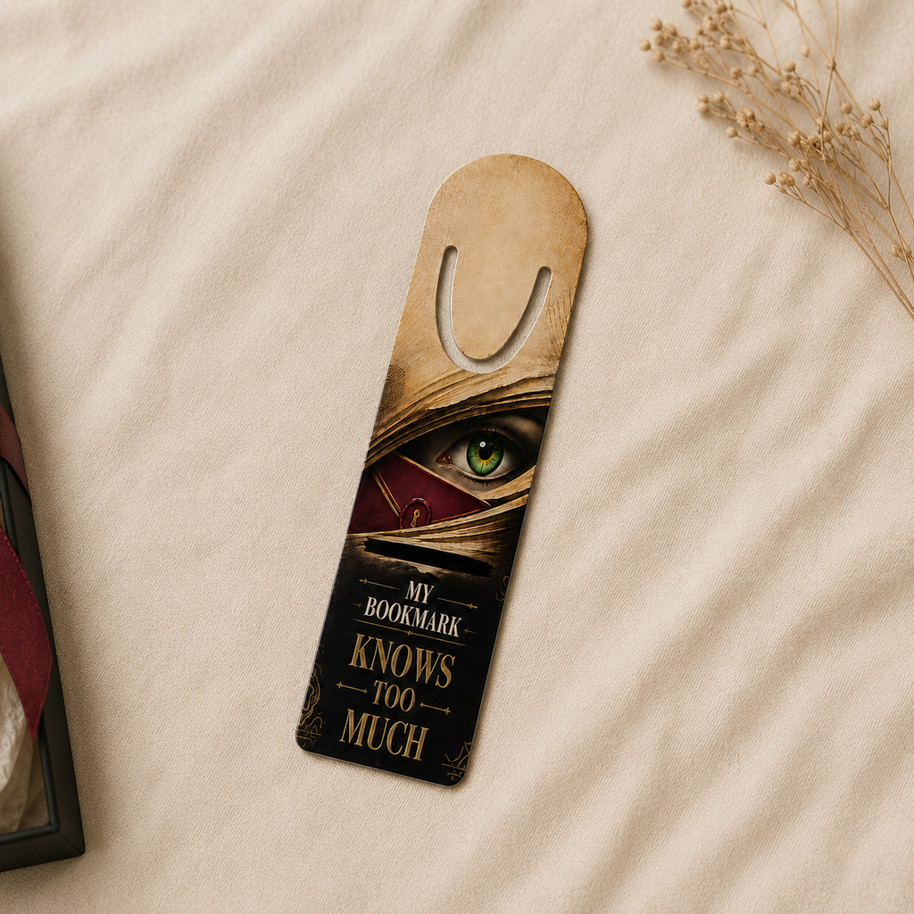 “My Bookmark Knows Too Much” aluminum bookmark with a green eye peering between book pages, displayed on cream fabric beside dried flowers.