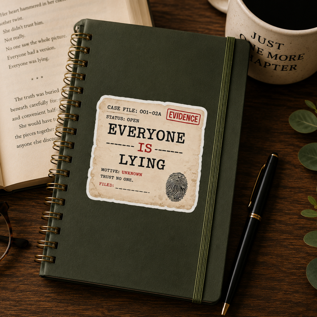 Everyone Is Lying Sticker, Psychological Thriller Sticker, Mystery Reader Gift, Detective Case File Laptop Sticker