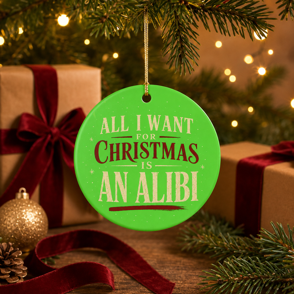 All I Want for Christmas Is an Alibi Ornament, Funny Christmas Ornament, Crime Lover Gift, Green Holiday Tree Decor, Bookish Gift Idea