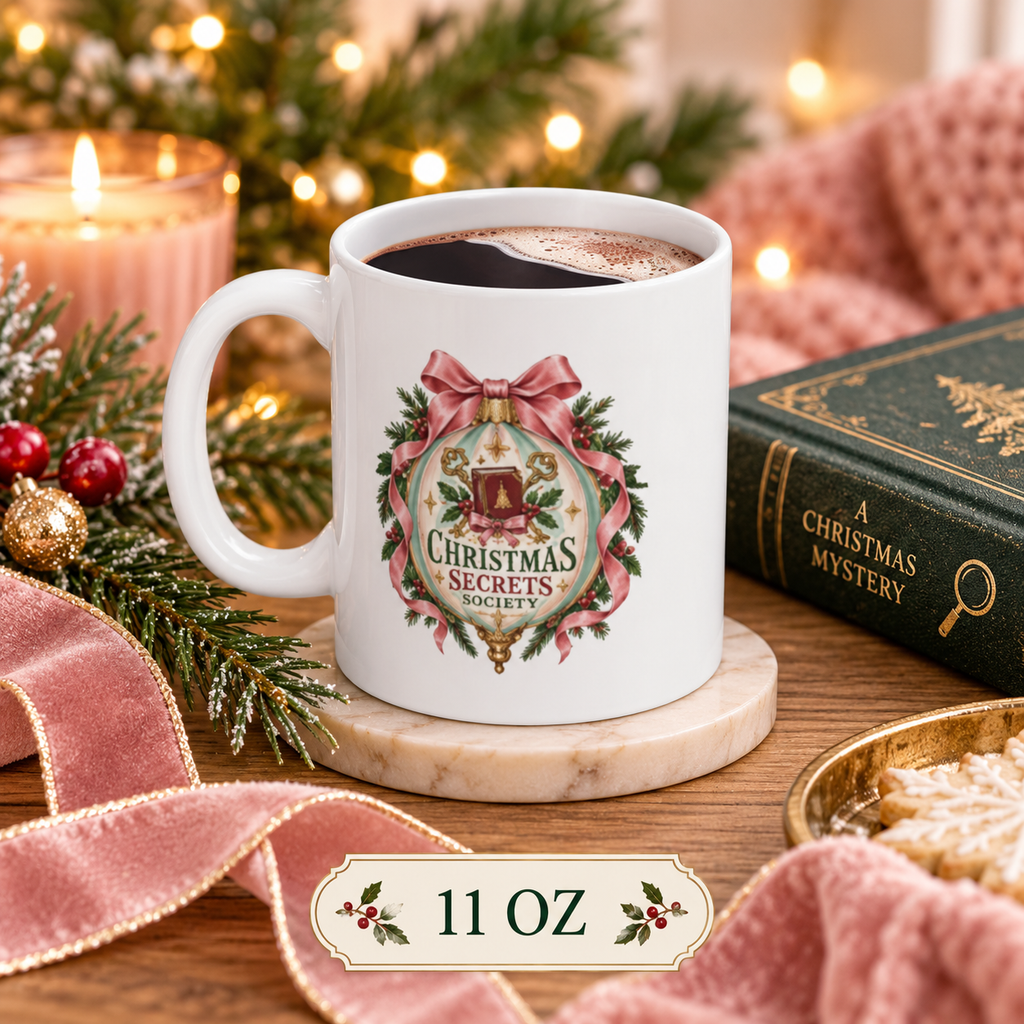 11-ounce Christmas Secrets Society mug filled with cocoa on a wooden table with evergreen branches, red berries, a candle, pink knit blanket and mystery book.
