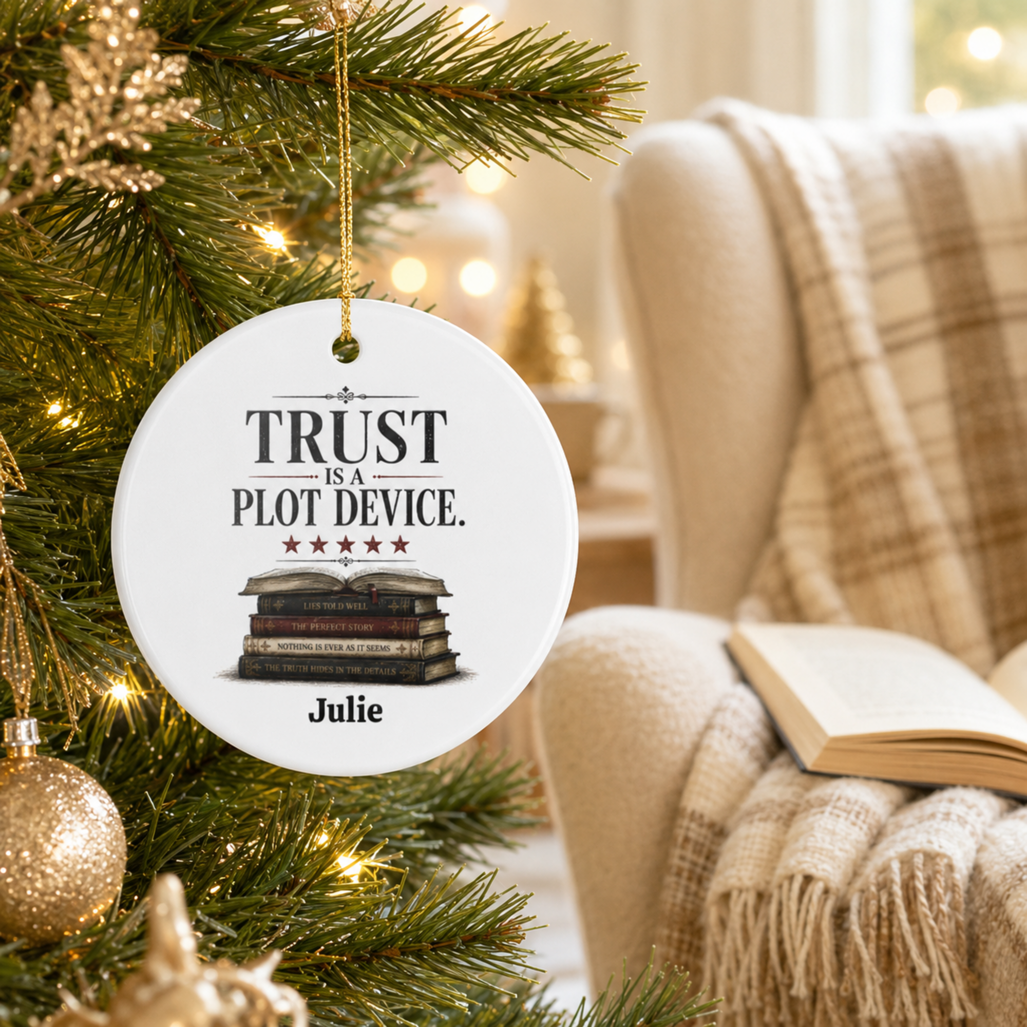 Personalized Book Lover Ornament, Trust Is a Plot Device Ceramic Christmas Ornament, Reader Gift, Literary Decor