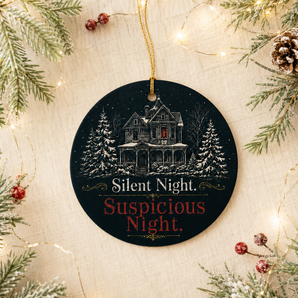 Suspicious Night Christmas Ornament, Mystery Reader Gift, Dark Academia Holiday Decor, Gothic Manor Tree Ornament for Thriller Fans