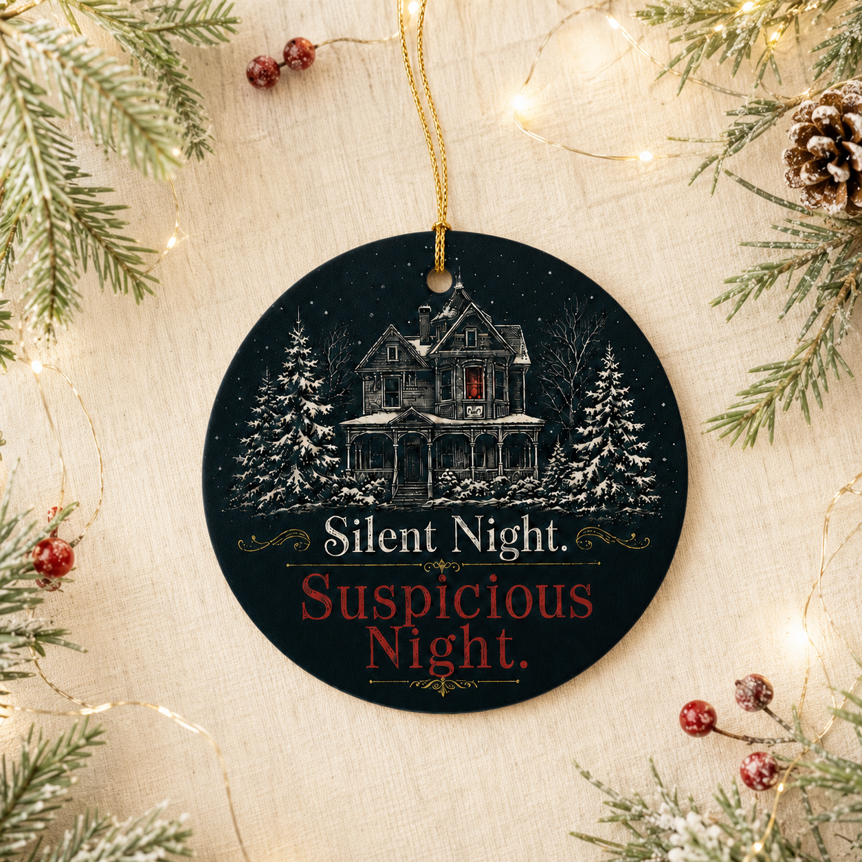 Suspicious Night Christmas Ornament, Mystery Reader Gift, Dark Academia Holiday Decor, Gothic Manor Tree Ornament for Thriller Fans