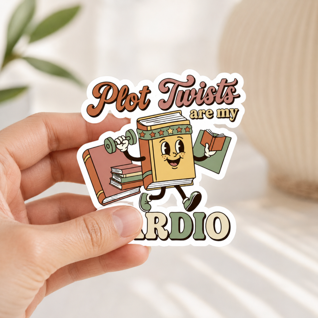 Hand holding a white-bordered sticker reading “Plot Twists Are My Cardio,” featuring a smiling cartoon book jogging with a dumbbell and another book, surrounded by coral and sage lettering.