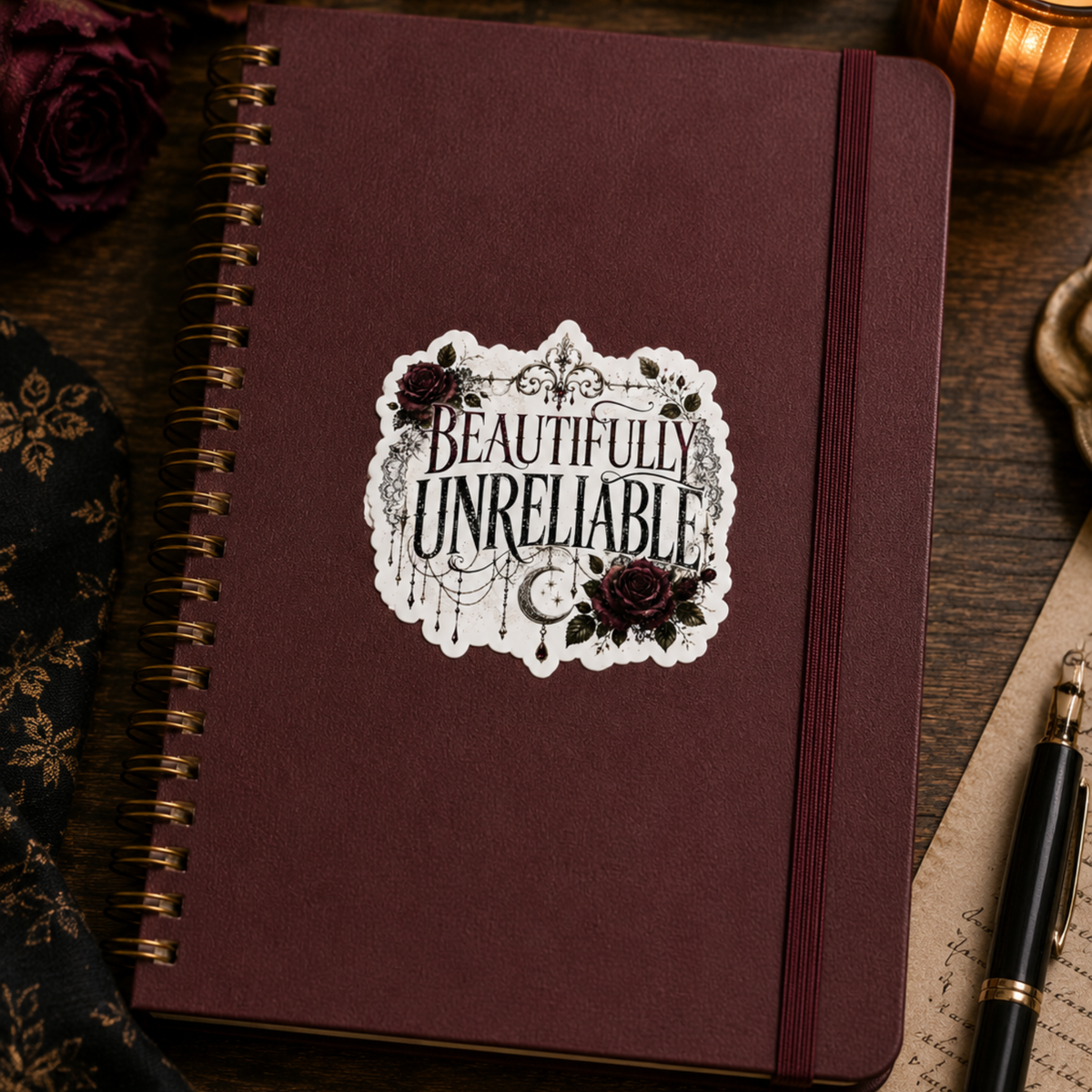 “Beautifully Unreliable” sticker with burgundy and black gothic lettering, dark roses, lace-like flourishes, dangling ornaments, and a crescent moon, shown on a burgundy spiral notebook.