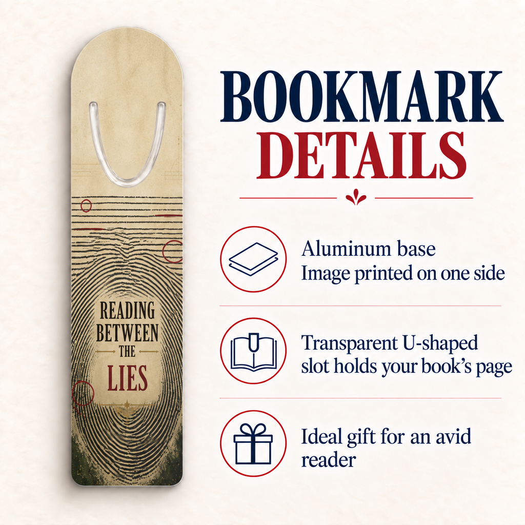 “Reading Between the Lies” fingerprint-pattern bookmark beside a feature guide noting its one-sided aluminum print, transparent U-shaped page slot, and reader-gift appeal.