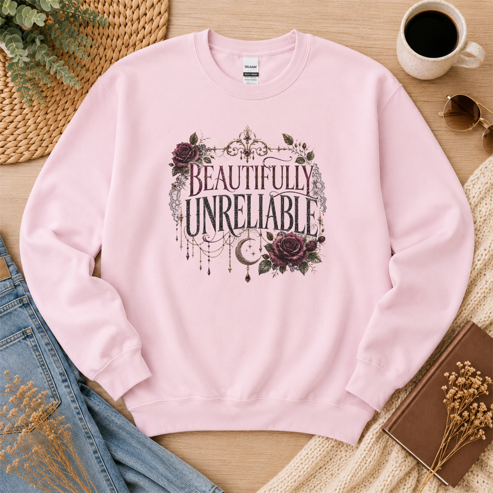 Beautifully Unreliable Sweatshirt, Dark Romance Sweatshirt, Gothic Book Lover Gift, Morally Gray Character Crewneck, Reader Apparel