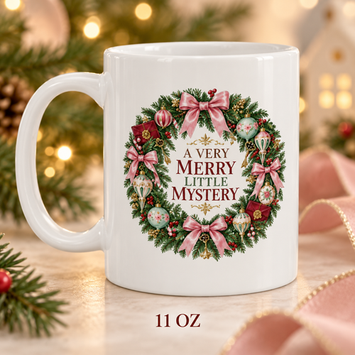 11-ounce “A Very Merry Little Mystery” mug featuring an evergreen wreath with pink bows, vintage ornaments, tiny keys and sealed letters in a glowing holiday setting.