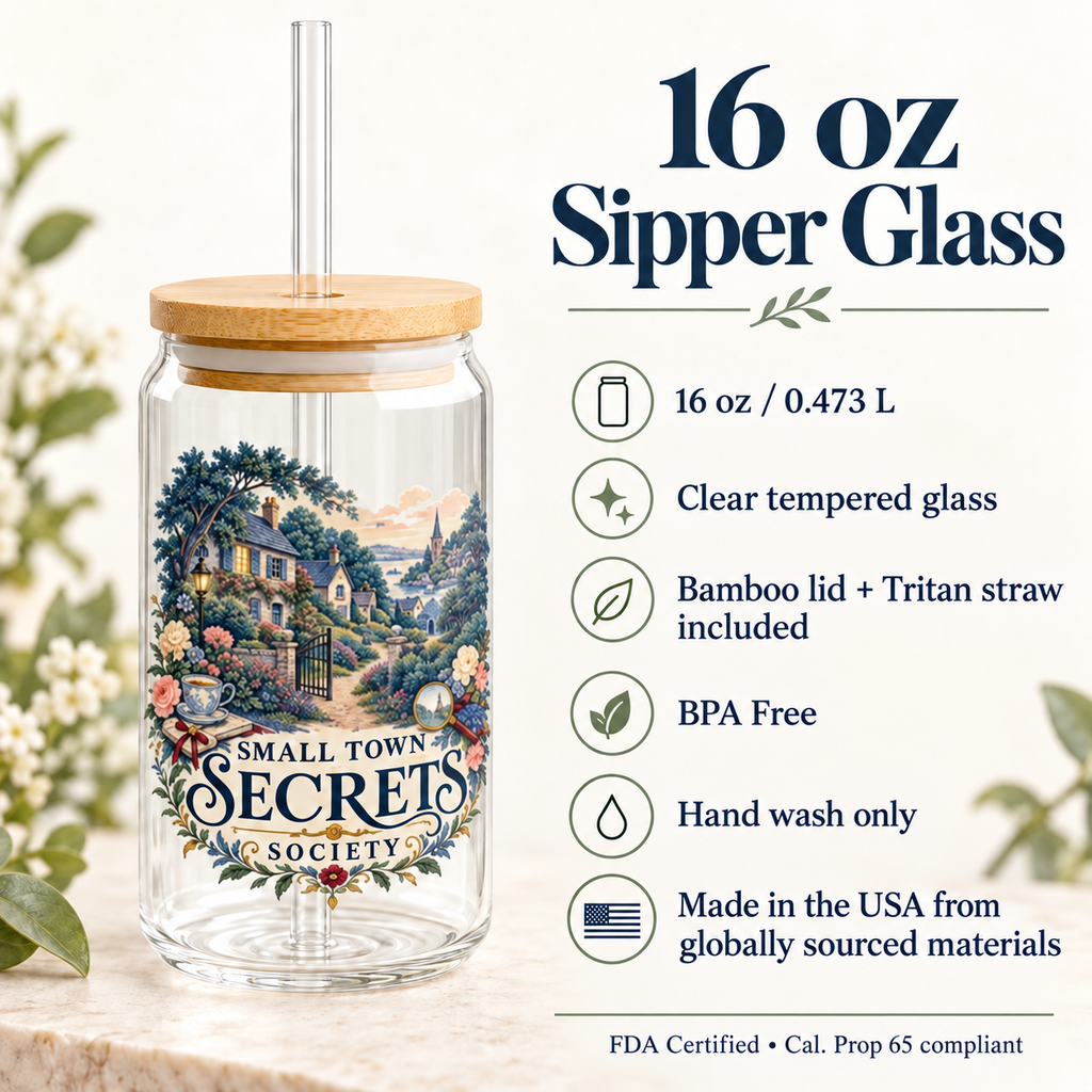 16 oz sipper glass specifications card lists 0.473 L capacity, clear tempered glass, bamboo lid and Tritan straw, BPA free, hand wash only, and made in the USA from globally sourced materials.