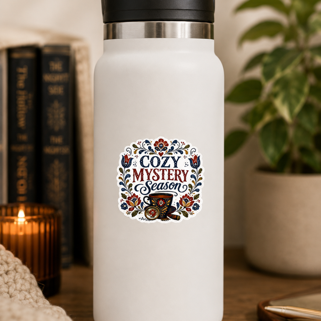 Cozy Glossy Mystery Season Sticker, Book Lover Gift, Folk Art Sticker, Sticker for Laptops, Water Bottles & Reading Journals