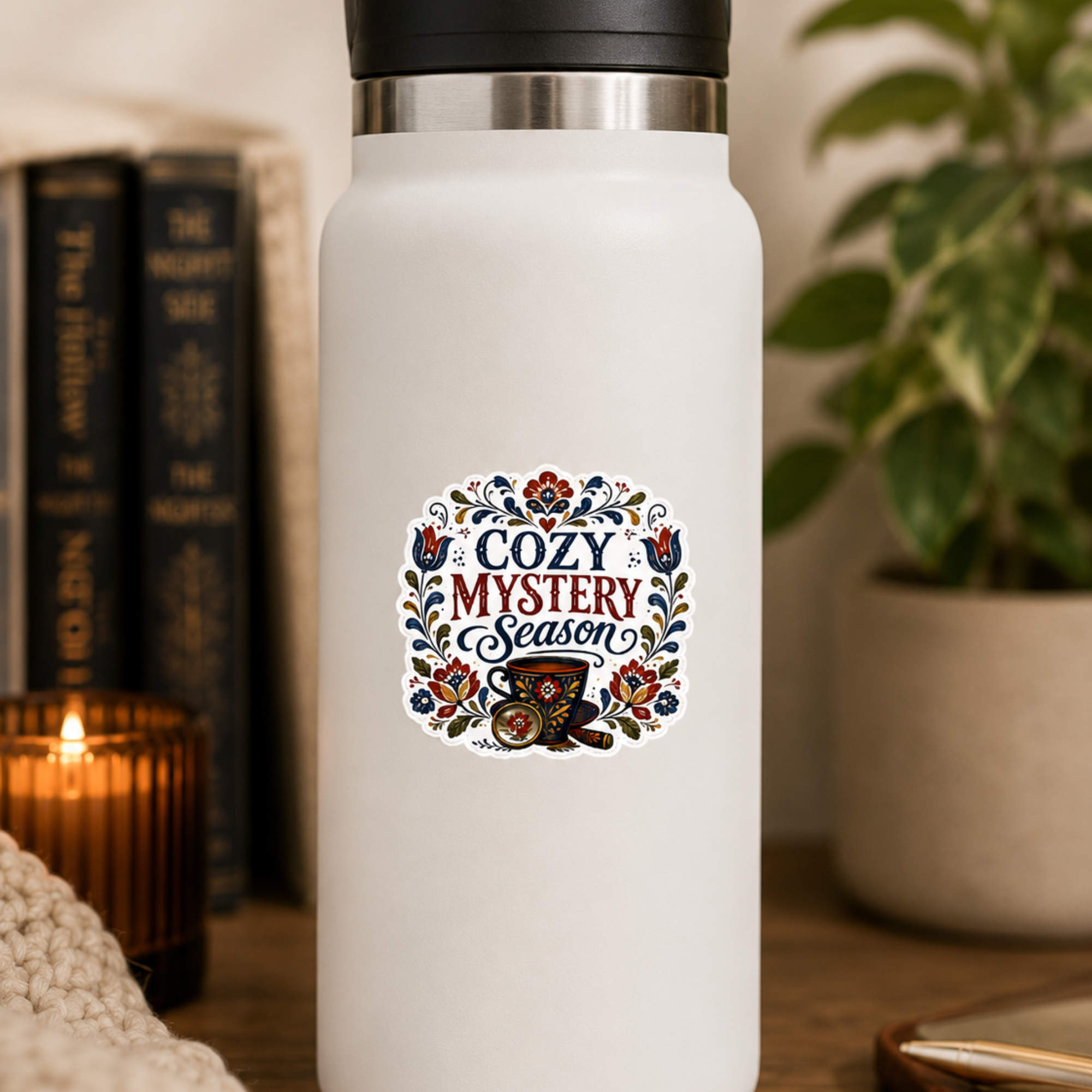 Cozy Glossy Mystery Season Sticker, Book Lover Gift, Folk Art Sticker, Sticker for Laptops, Water Bottles & Reading Journals