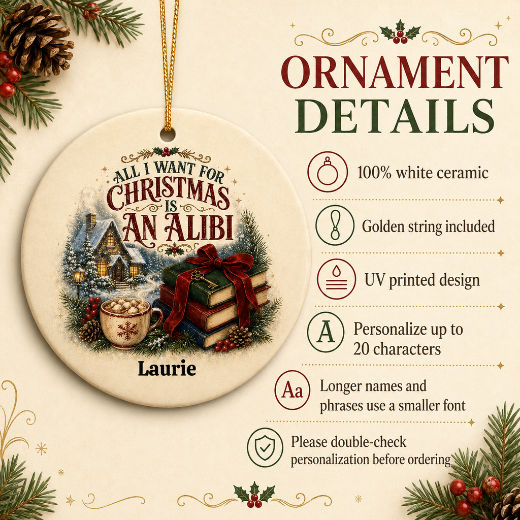 Mystery Reader Christmas Ornament, All I Want for Christmas Is an Alibi, Book Lover Holiday Decor, Personalized Family Tree Gift Idea